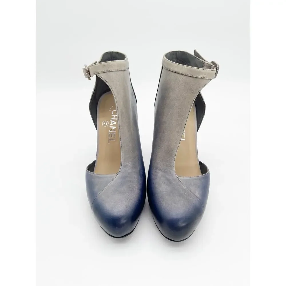 Chanel Fall 2012 Runway Navy Silver Ombre Leather Lucite Ice Crystal Heels EU 37